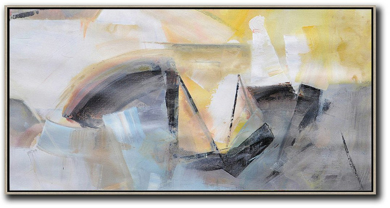 Extra Large Painting,Horizontal Palette Knife Contemporary Art Panoramic Canvas Painting,Oversized Art,White,Yellow,Grey,Black.etc